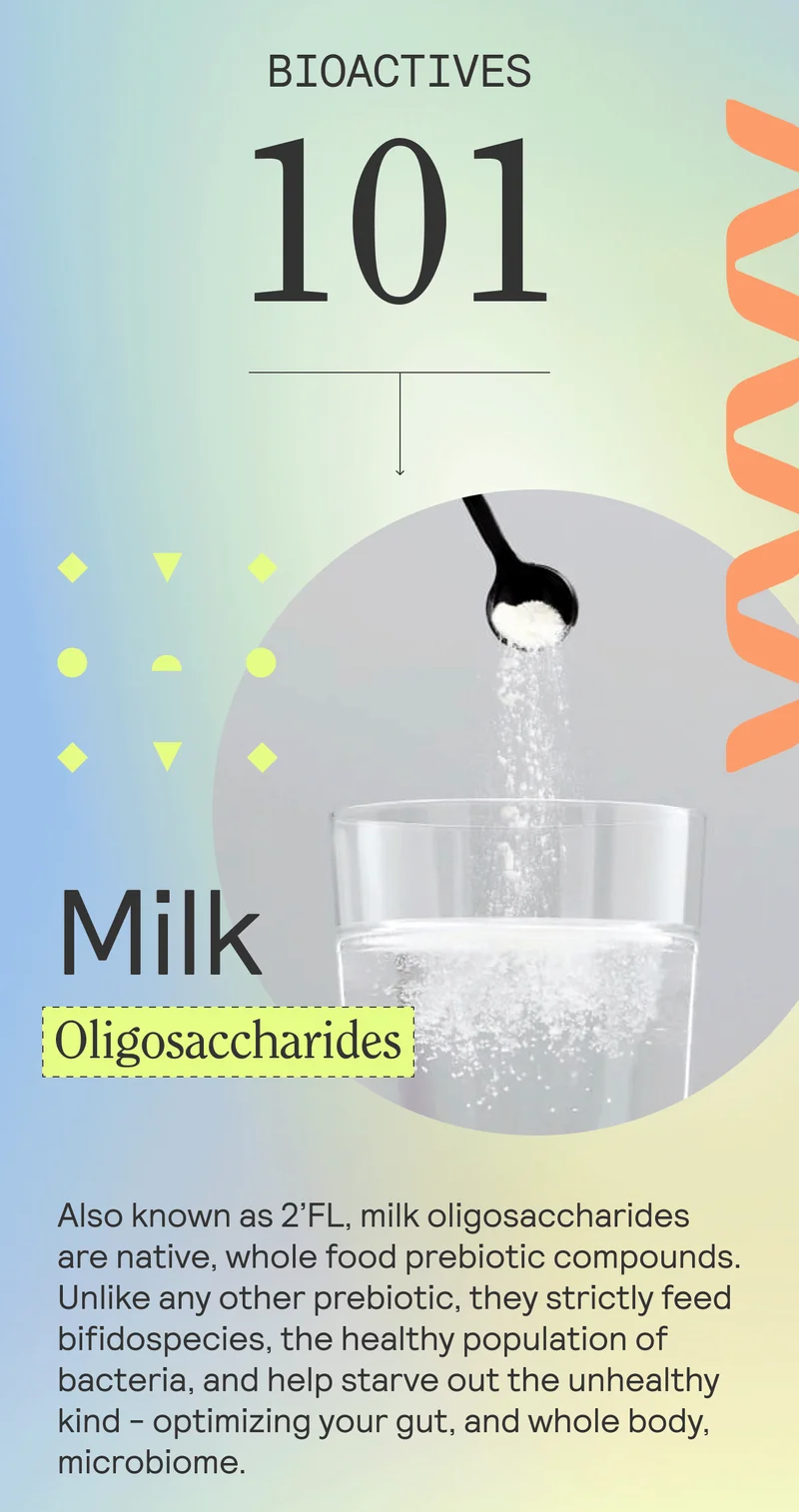 BIOACTIVES 101 HED: Milk Oligosaccharides  Also known as 2’FL, milk oligosaccharides are native, whole food prebiotic compounds. Unlike any other prebiotic, they strictly feed bifidospecies, the healthy population of bacteria, and help starve out the unhealthy kind - optimizing your gut, and whole body, microbiome.