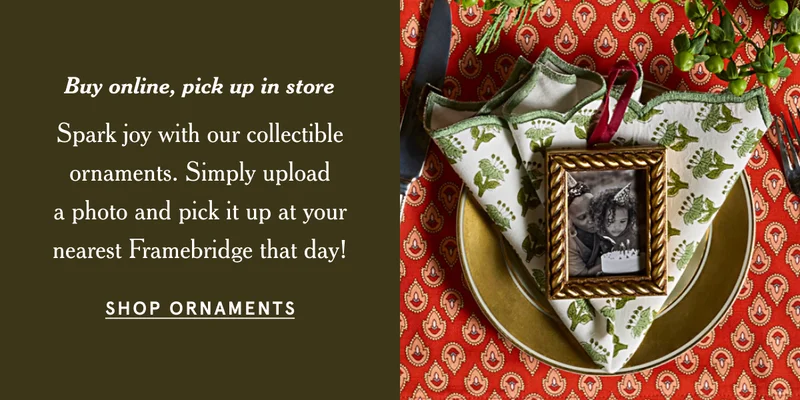 Spark joy with our collectible ornaments. Simply upload a photo and pick it up at your nearest Framebridge that day!