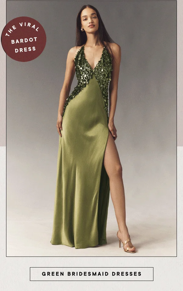 the viral bardot dress, green bridesmaid dresses