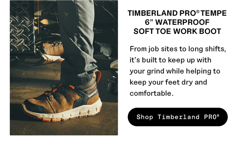 TIMBERLAND PRO® TEMPE 6" WATERPROOF SOFT TOE WORK BOOT. From job sites to long shifts,  it's built to keep up with your grind while helping to keep your feet dry and comfortable. Shop Timberland PRO®