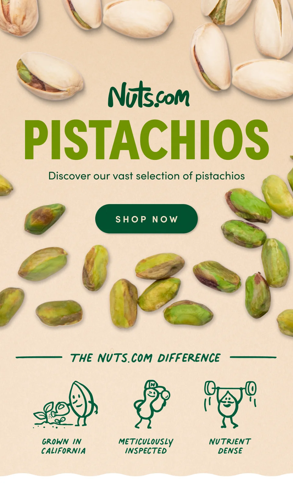 Nuts.com; PISTACHIOS; Discover our vast selection of pistachios; SHOP NOW. THE NUTS.COM DIFFERENCE; GROWN IN CALIFORNIA, METICULOUSLY INSPECTED, NUTRIENT DENSE