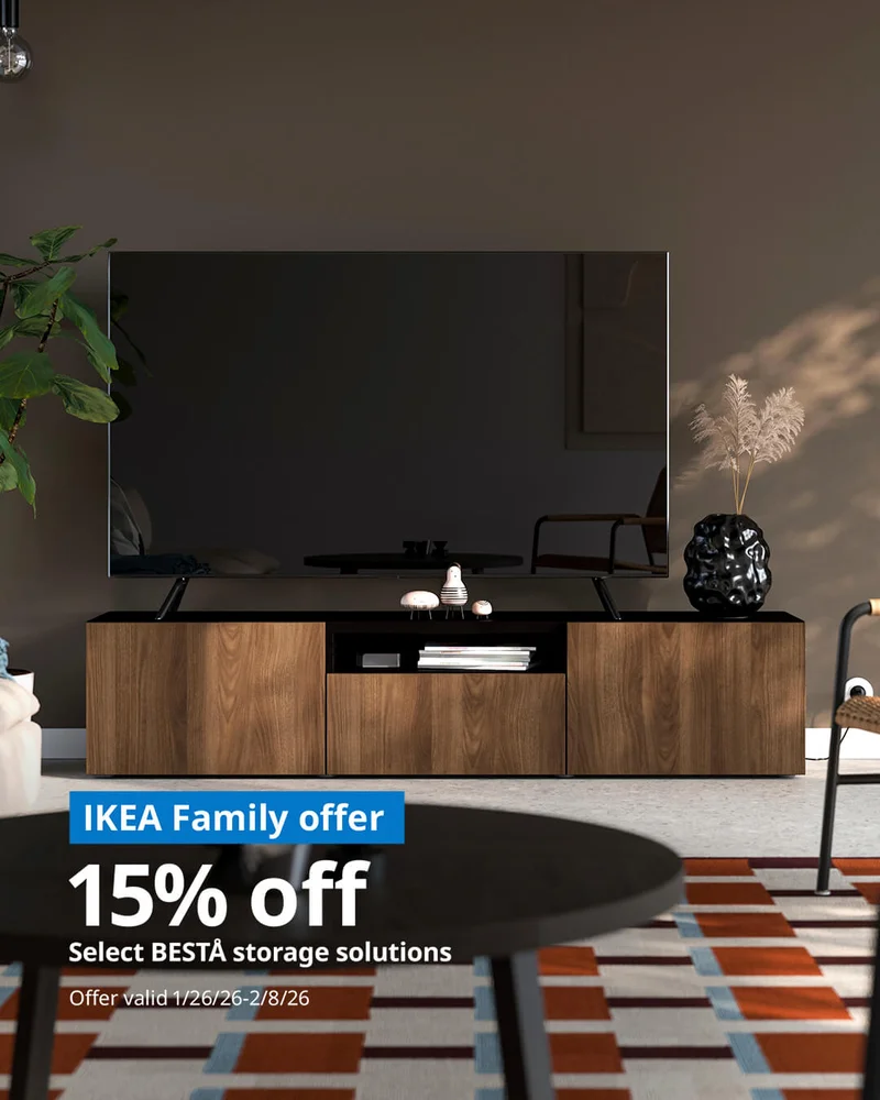 IKEA Family offer 15% off select BESTA storage solutions Offer Valid 1/26/26 - 2/8/26