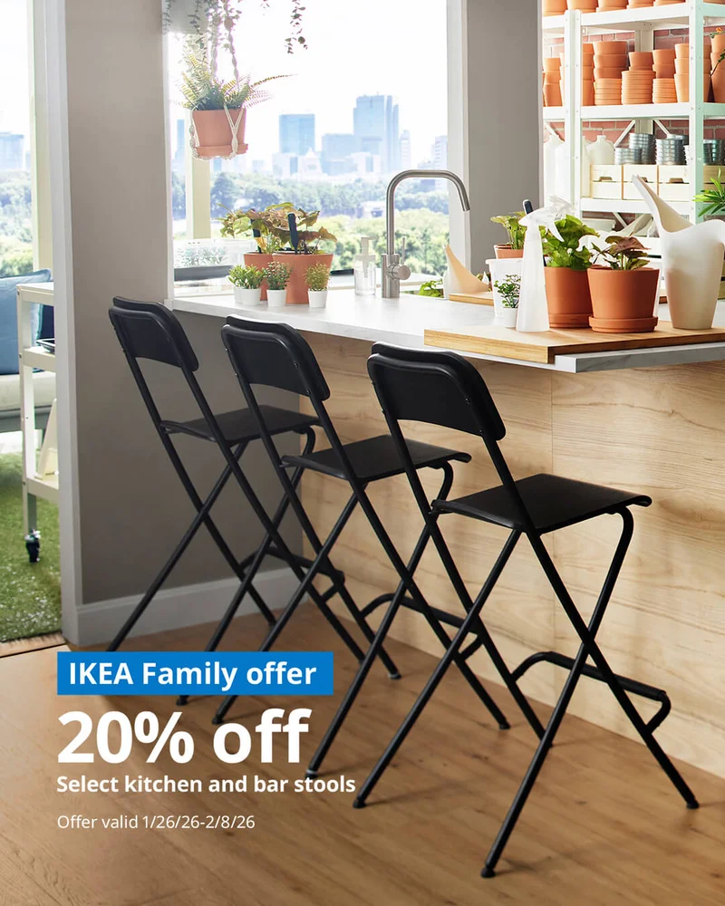 IKEA Family offer 20% off select kitchen and bar stools Offer valid 1/26/26 - 2/8/26