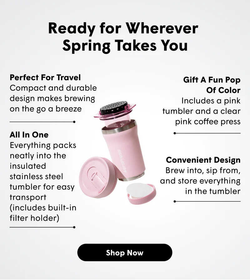 Ready for Wherever  Spring Takes You Perfect For Travel Compact and durable design makes brewing  on the go a breeze Gift A Fun Pop Of Color Includes a pink tumbler and a clear pink coffee press Convenient Design Brew into, sip from, and store everything in the tumbler  [SHOP NOW]