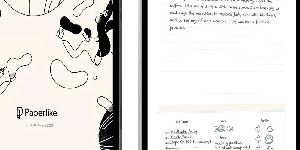 Floating iPad with a journal page on and handwriting.