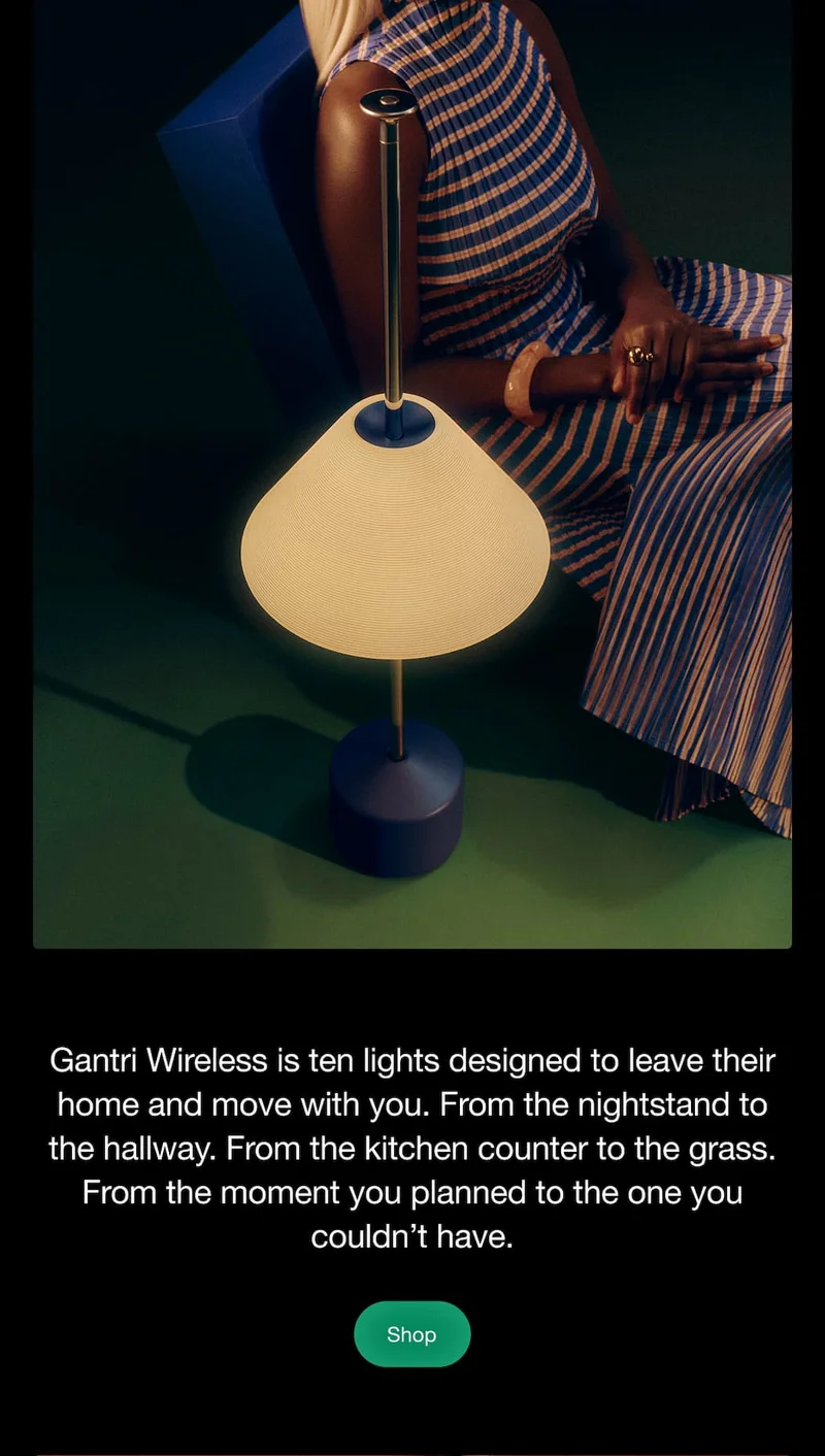 Gantri Wireless is ten lights designed to leave their home and move with you. From the nightstand to the hallway. From the kitchen counter to the grass. From the moment you planned to the one you couldn’t have.