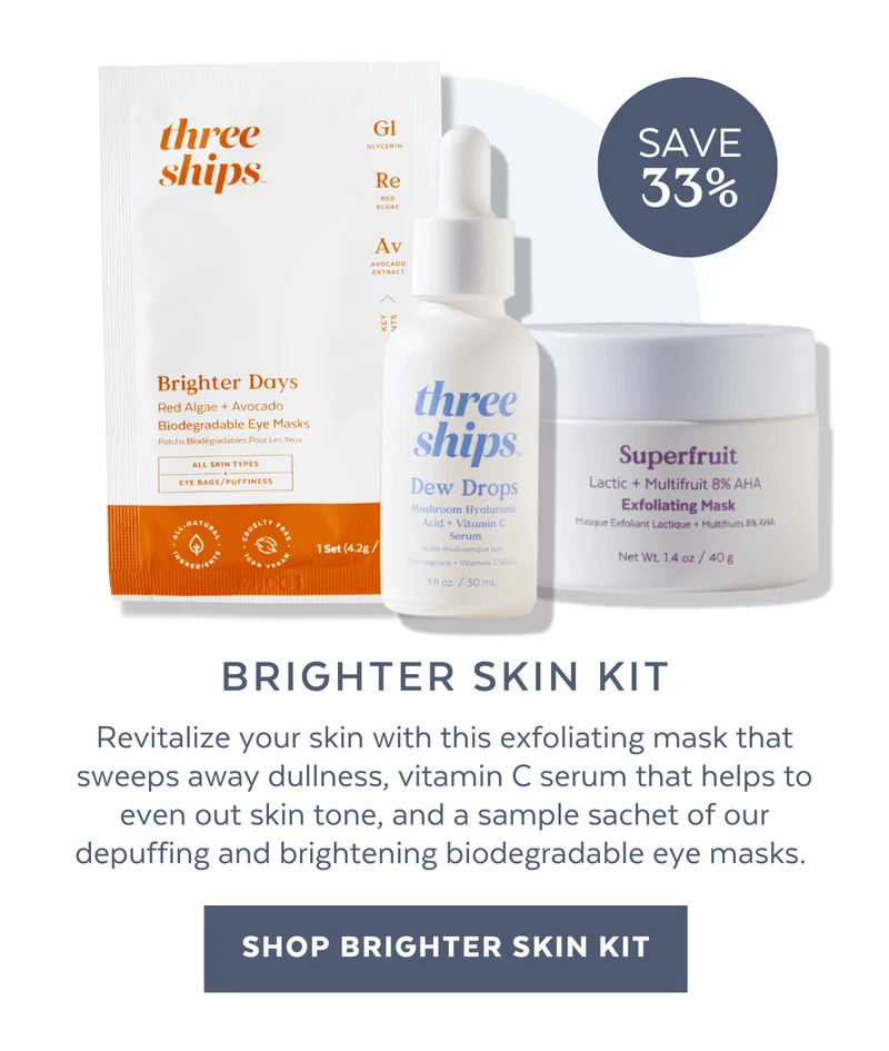 Revitalize your skin with this exfoliating mask that sweeps away dullness, vitamin C serum that helps to even out skin tone, and a sample sachet of our depuffing and brightening biodegradable eye masks.