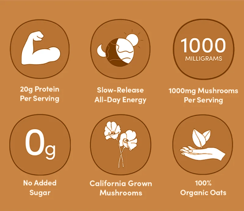 20g protein per serving, slow-release all-day energy, 1000mg mushrooms per serving, no added sugar, California grown mushrooms, 100% organic oats