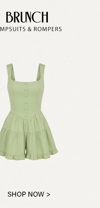 Stylish pistachio green romper with a square neck, button-front, and tiered ruffled shorts. Shop our new brunch jumpsuits and rompers.