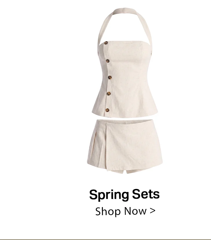Spring women's beige two-piece set: buttoned halter top and pleated skort.