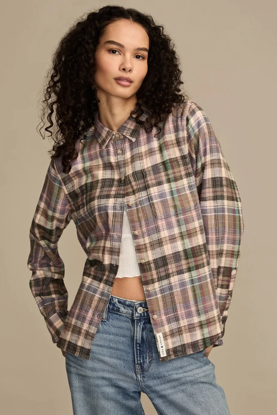Image of Lucky Brand Clyde Plaid Boyfriend Button Down Shirt - Women's Clothing Button Down Tops Shirts in Red Buffalo Check