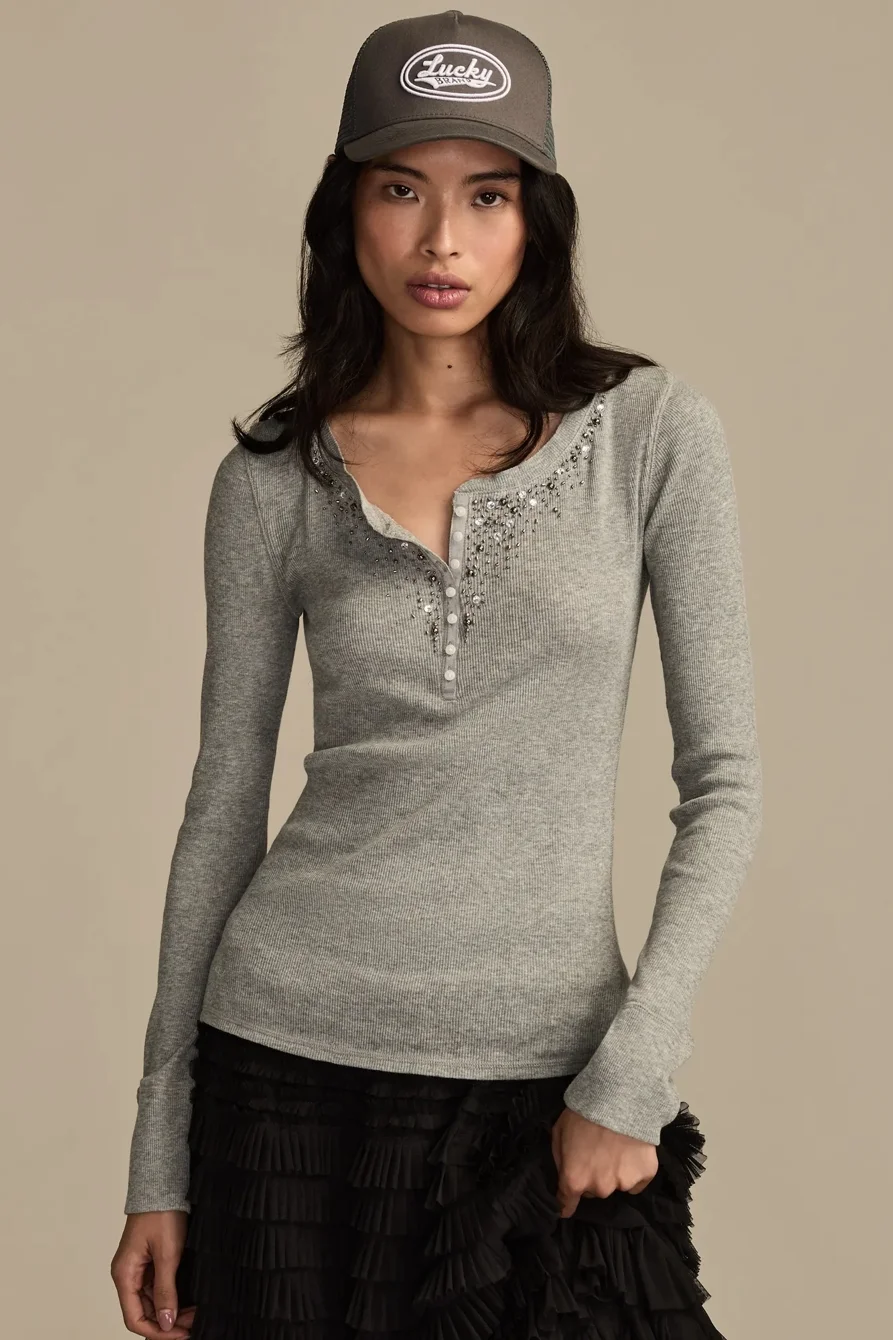 Image of Lucky Brand Embellished Henley Top - Women's Clothing Tops Tees Henley Shirt in Heather Grey