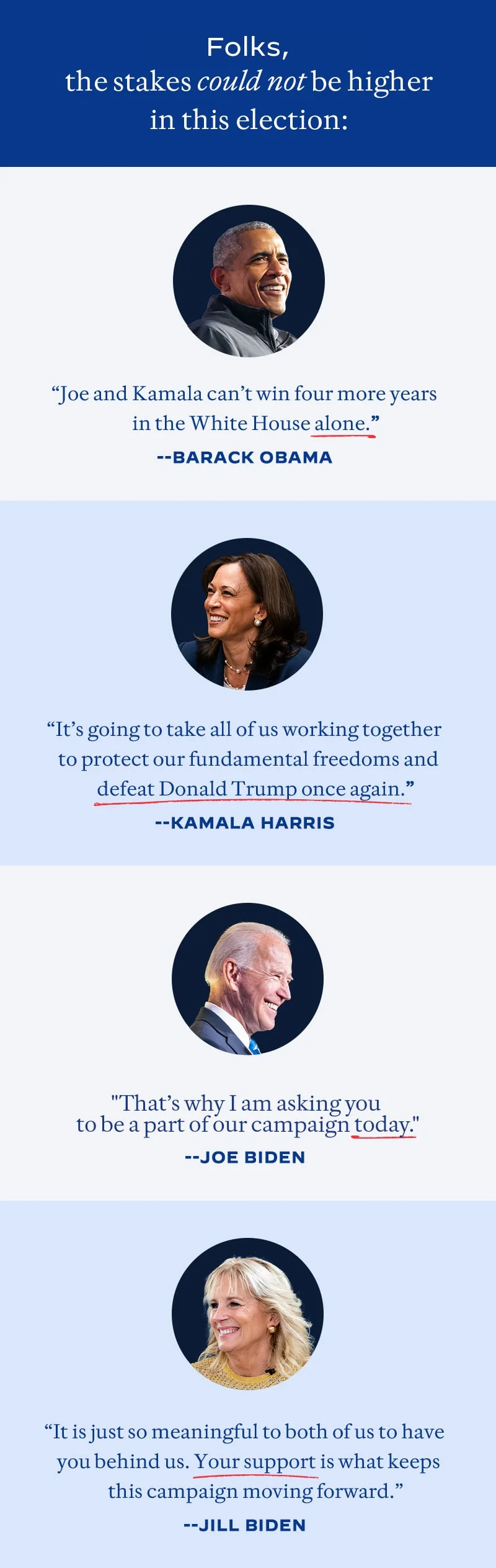 Folks, the stakes could not be higher in this election: [photo of Barack Obama] Joe and Kamala can’t win four more years in the White House alone. -- Barack Obama  [photo of Kamala Harris] It’s going to take all of us working together to protect our fundamental freedoms and defeat Donald Trump once again. -- Kamala Harris   [photo of Joe Biden] That’s why I am asking you to be a part of our campaign today. -- Joe Biden  [photo of Jill Biden] It is just so meaningful to both of us to have you behind us. Your support is what keeps this campaign moving forward. -- Jill Biden