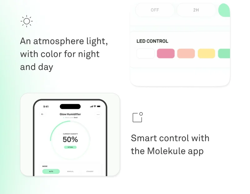 An atmosphere light, with color for night and day. Smart control with the Molekule app