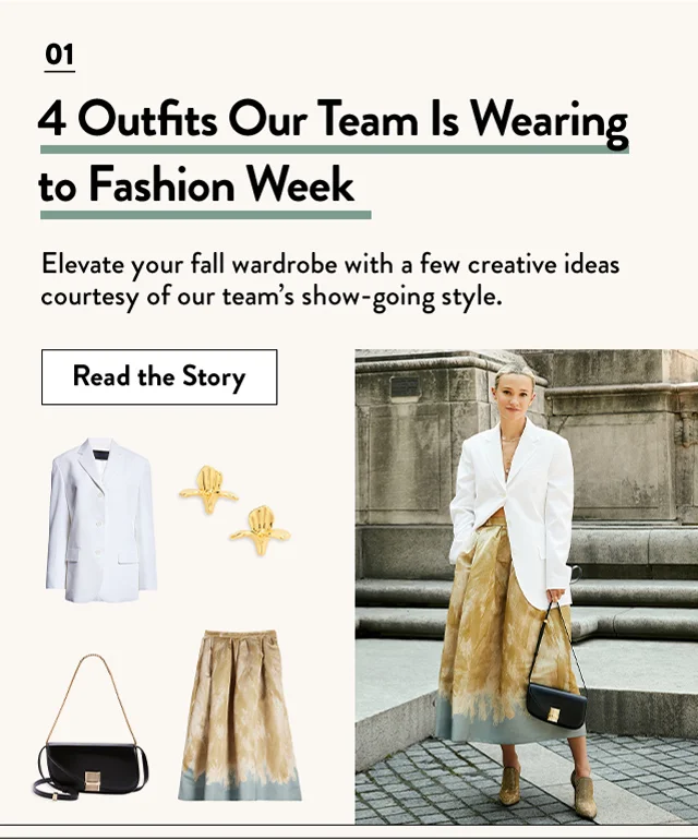 Madeleine Chabot wearing a stylish outfit for Fashion Week. Proenza Schouler white blazer, Lele Sadoughi flower earrings, FERRAGAMO handbag and Dries Van Noten skirt.