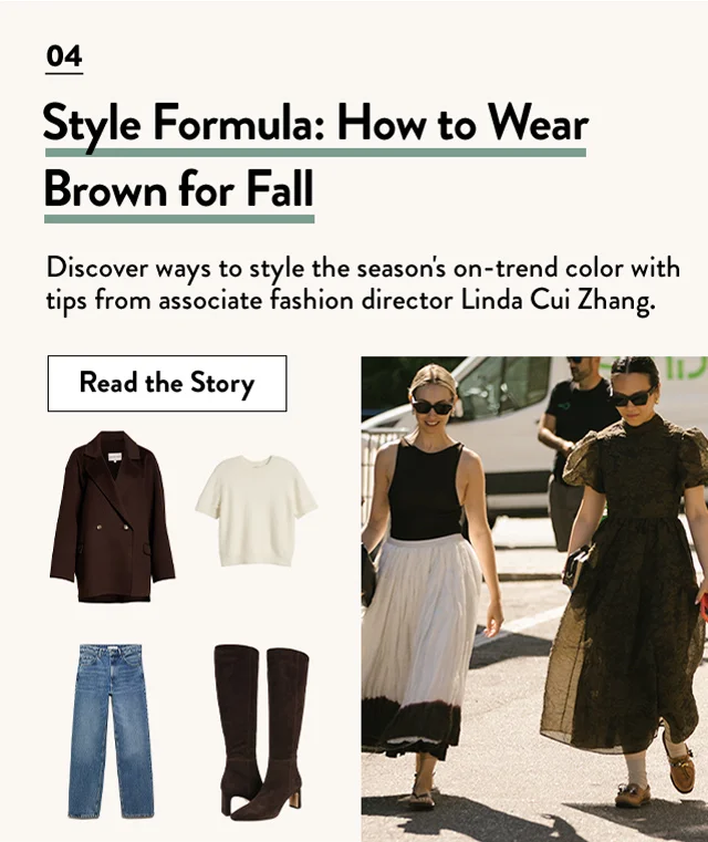 Linda Cui Zhang, associate fashion director at Nordstrom, wearing brown for fall. Loulou Studio Wool & Cashmere Coat; Rails Crewneck Sweater; Madewell Straight-Leg Jeans; Sam Edelman Knee-High Boots.