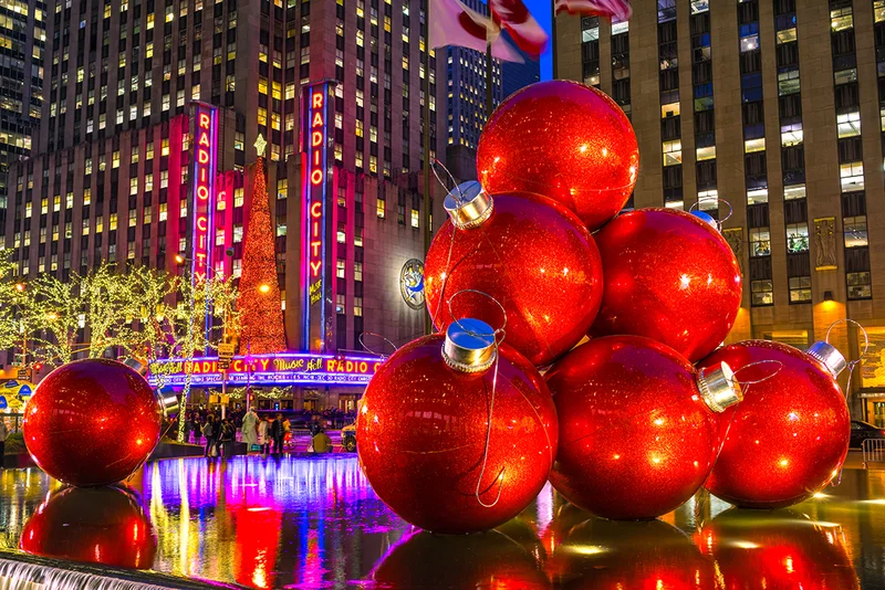 Christmas ornaments sculpture outside Radio City Music Hall