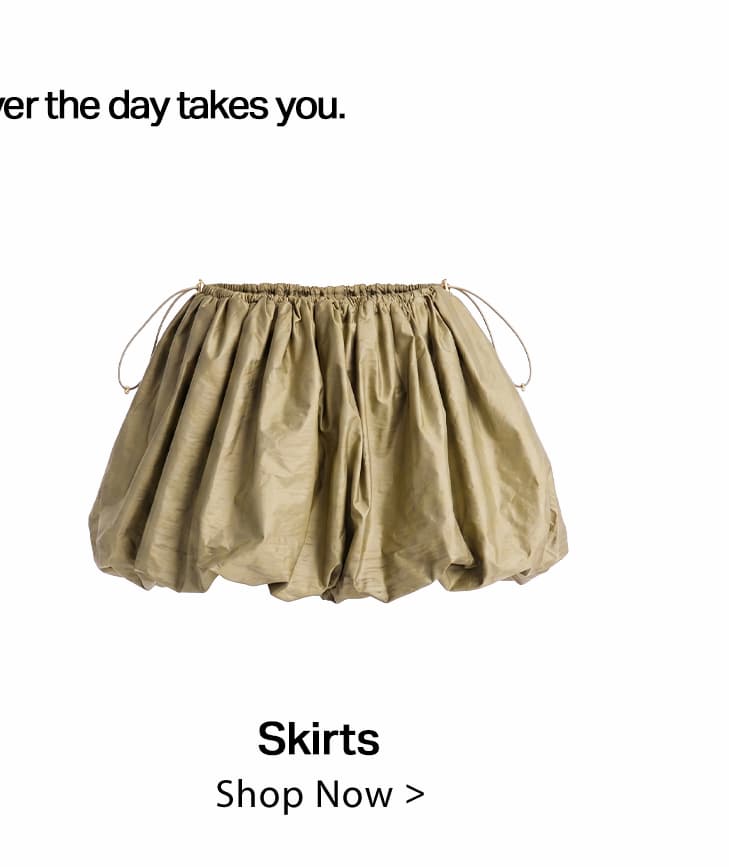 Versatile khaki gathered skirt with drawstring waist, puffy silhouette, ideal for women's fashion. Explore our chic skirt collection.