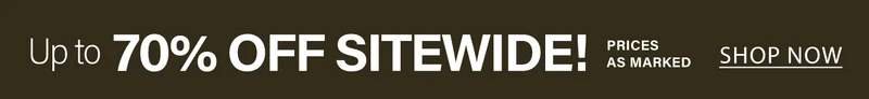 Dark brown promotional banner with white text: "Up to 70% OFF SITEWIDE! Prices as marked. Shop now to seize these incredible deals."