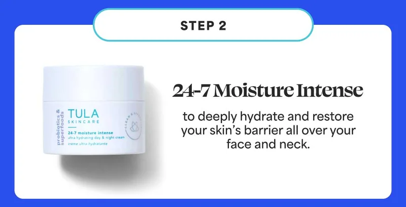 STEP 2: 24-7 Moisture Intense to deeply hydrate and restore your skin’s barrier all over your  face and neck.