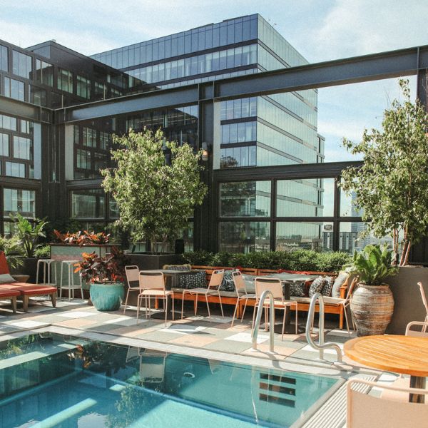 Pool with city views