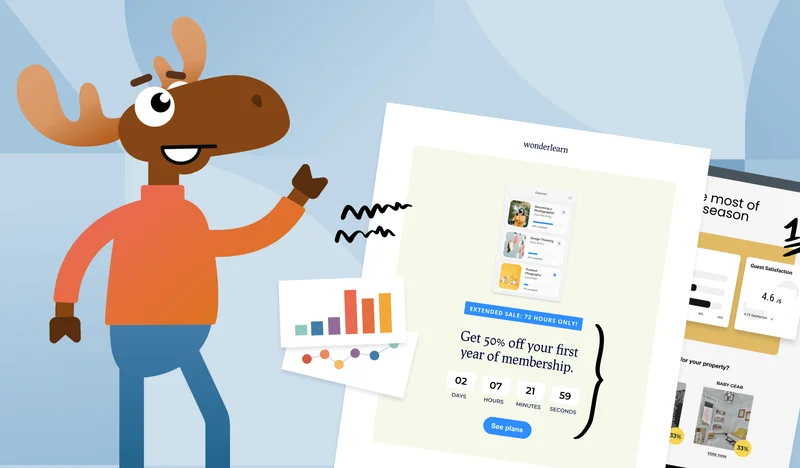 Litmoose, a smiling moose with a red turtleneck and blue pants, 
and the instructor for the latest email personalization course, Level Up: Personalization