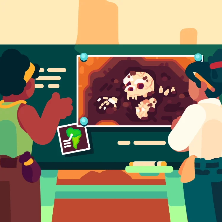 Illustration of scientists analyzing ancient human bones