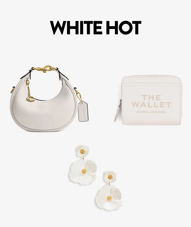 White sunglasses, bag, earrings, belt, necklace and wallet.