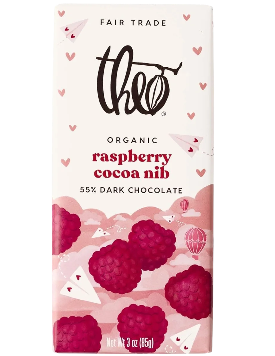 Image of Theo Organic Raspberry Cocoa Nib Dark Chocolate Bar