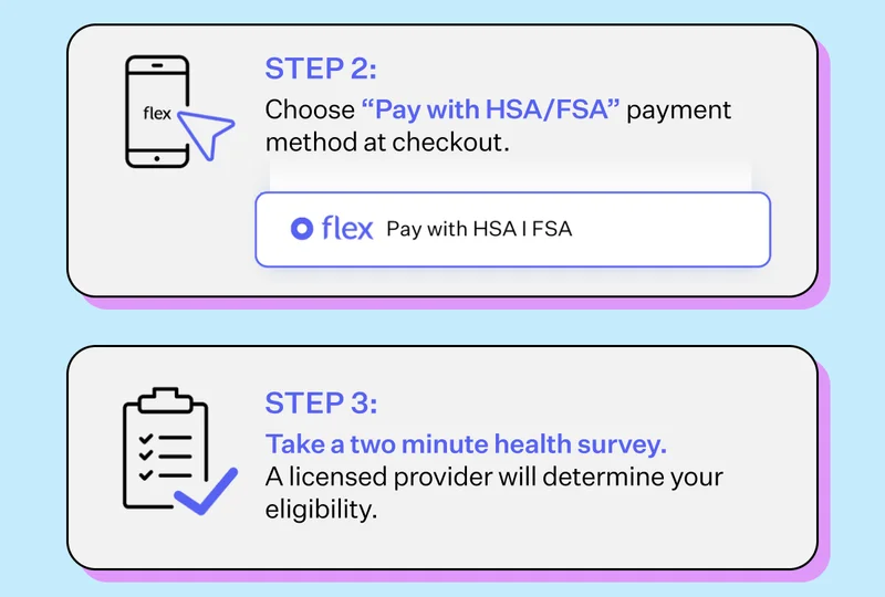 Step 2: Choose "Pay with HSA/FSA" payment method at checkout. | flex Pay with HSA/FSA | Step 3: Take a two minute health survey. - A licensed provider will determine youreligibility.