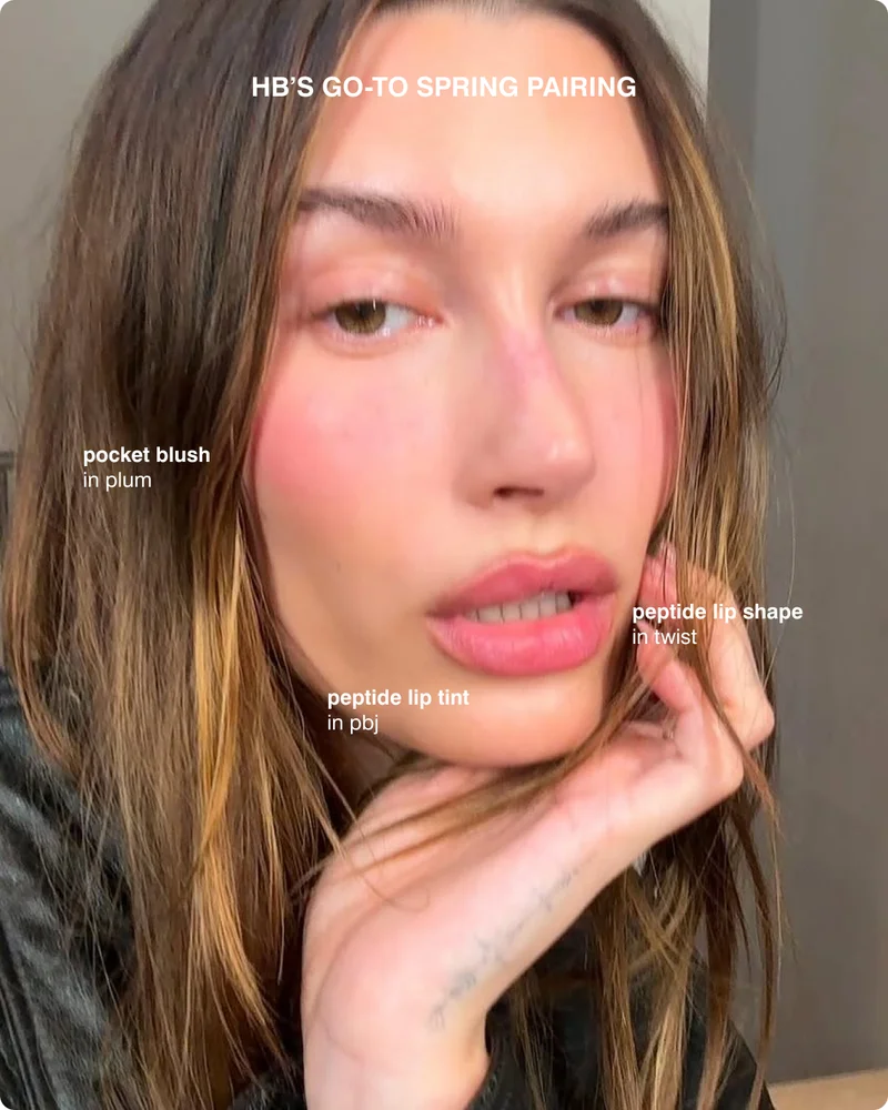 HB’S GO-TO SPRING PAIRING Pocket Blush in Plum Peptide Lip Shape in Twist Peptide Lip Tint in PBJ