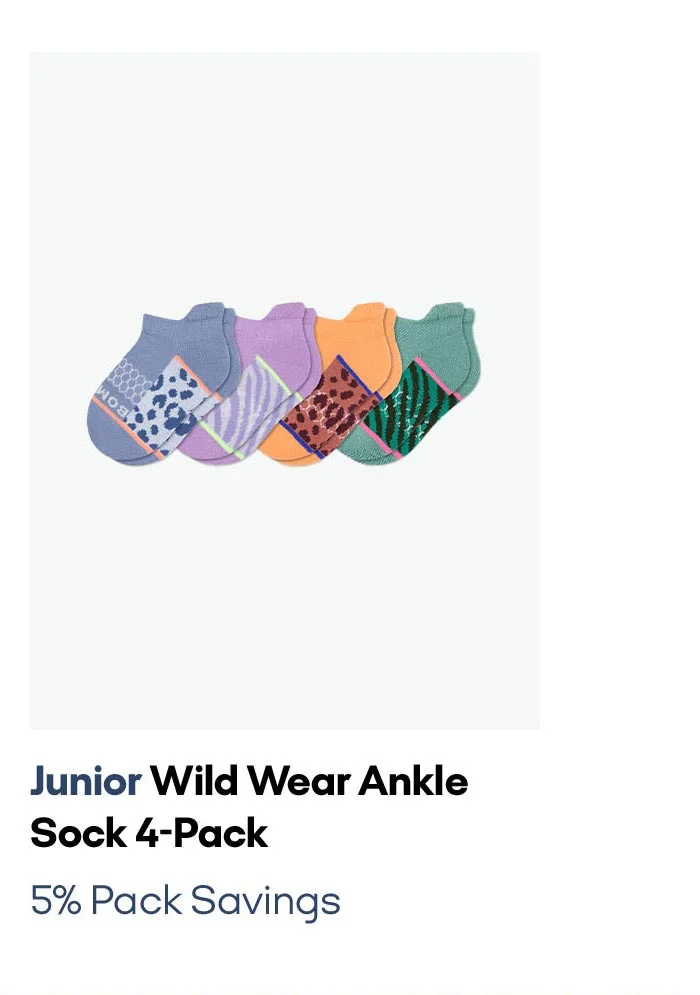 Junior Wild Wear Ankle Sock 4-Pack 5% Pack Savings