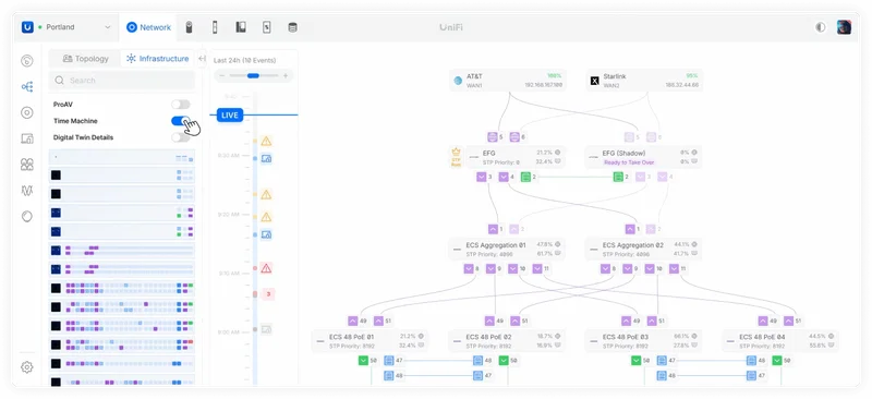 The time-machine experience is now integrated into the infrastructure topology screen, putting critical interconnect history exactly where it matters.