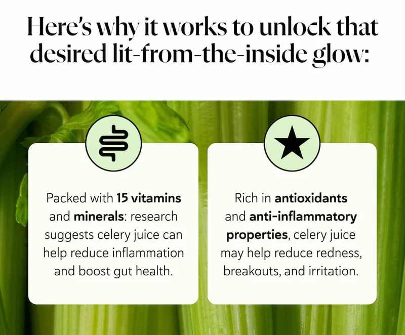 Here’s why it works to unlock that desired lit-from-the-inside glow:  Packed with 15 vitamins and minerals: research suggests celery juice can help reduce inflammation and boost gut health. Rich in antioxidants and anti-inflammatory properties, celery juice may help reduce redness, breakouts, and irritation.