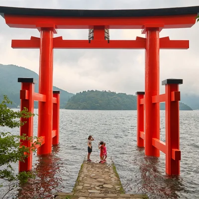 Dating back 1,200 years, the Hakone Shrine at Lake Ashinoko is one of the most popular Shinto shrines known for its iconic red torii gate standing on the lake shore.