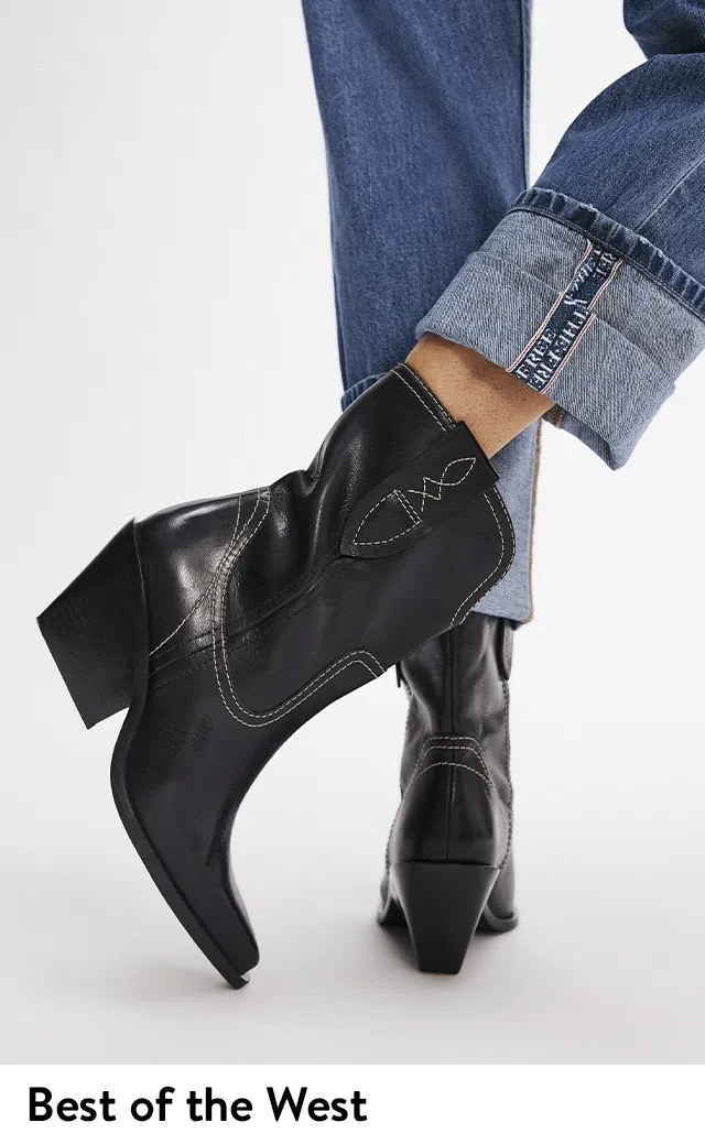 Brown boots with shearling trim. Black boots with white stitching. Black boots with silver toes.