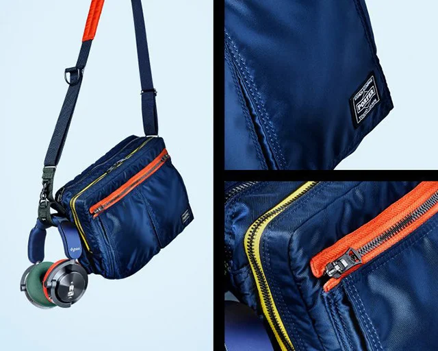 A montage of three shots showing the Dyson&nbsp;OnTrac | PORTER&nbsp;limited edition headphones and the custom PORTER shoulder bag