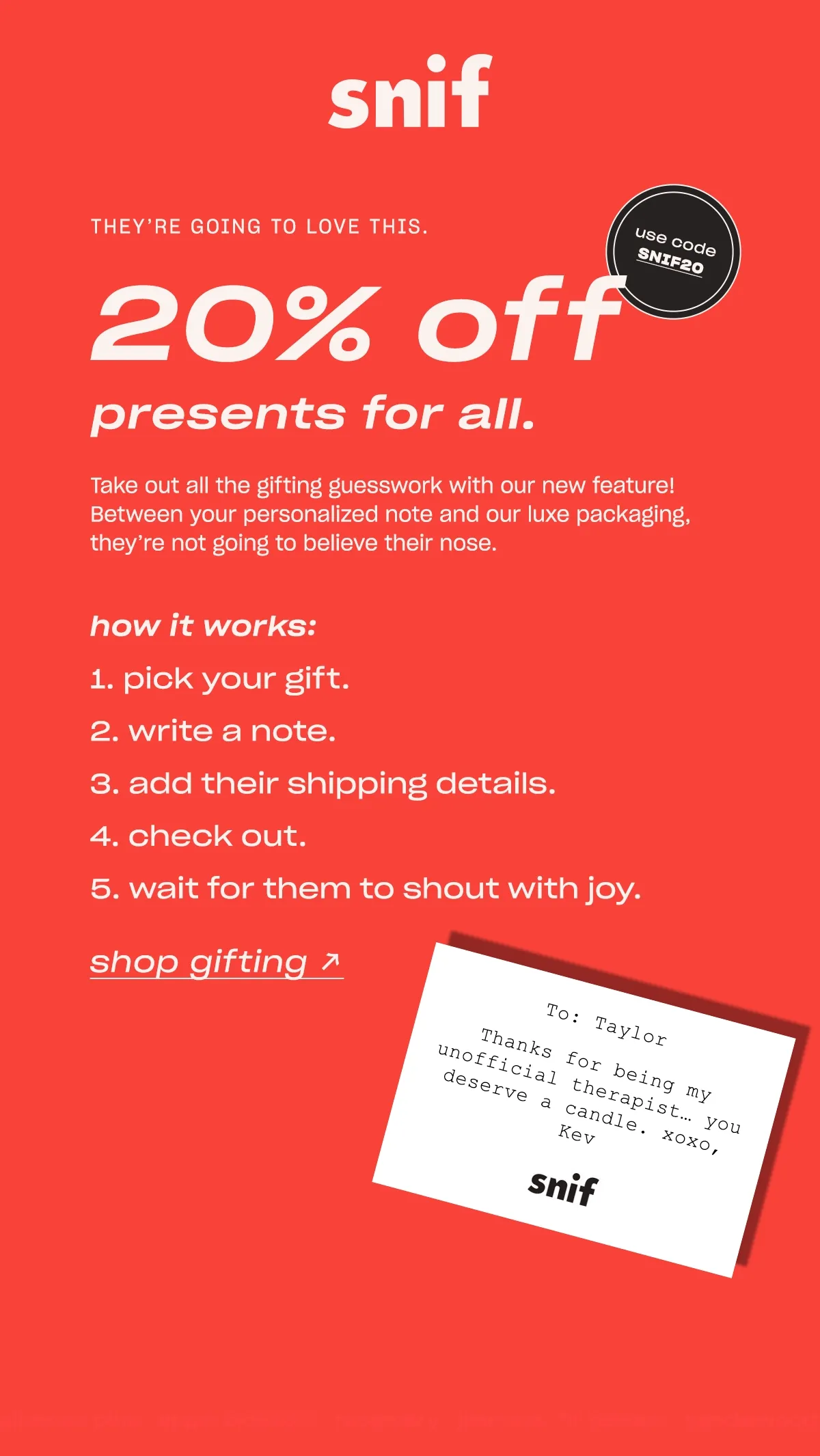 Get 20% off sitewide with code SNIF20 ↗