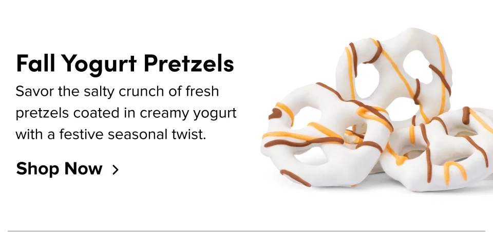 Fall yogurt pretzels: savor the salty crunch of fresh pretzels coated in creamy yogurt with a festive seasonal twist; Shop now