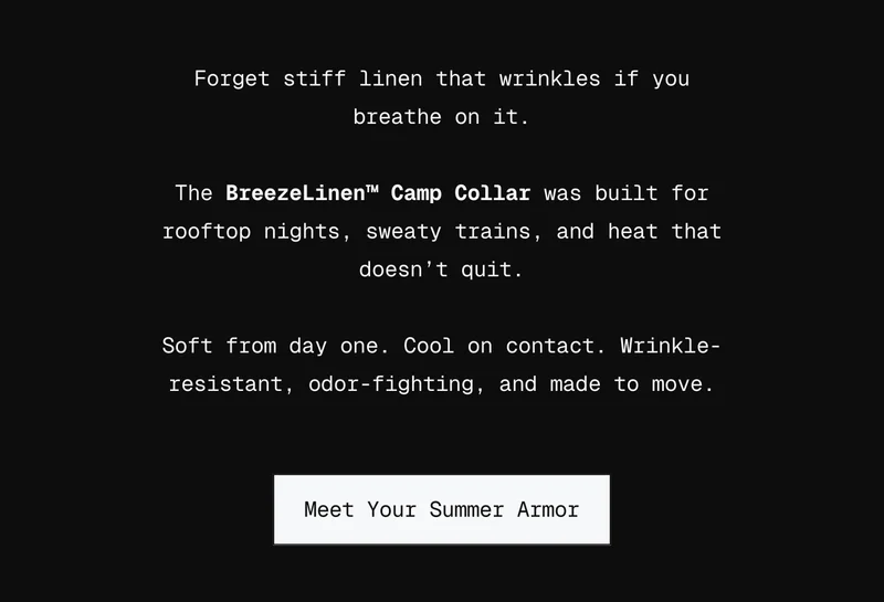 Forget stiff linen that wrinkles if you breathe on it.  The BreezeLinen™ Camp Collar was built for rooftop nights, sweaty trains, and heat that doesn’t quit.  Soft from day one. Cool on contact. Wrinkle-resistant, odor-fighting, and made to move.