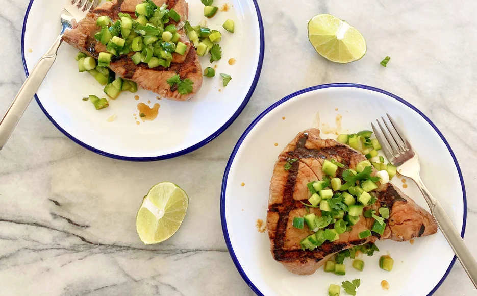 Marinated Ahi Tuna Steaks with Cucumber Scallion Relish