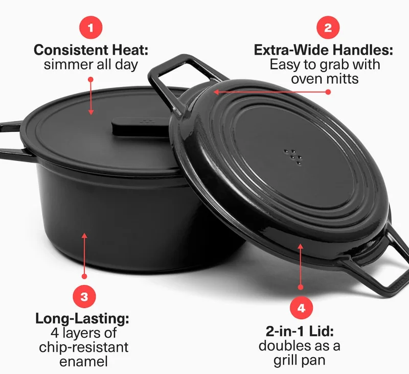 Consistent heat | Extra-wide handles | Long lasting | 2-in-1 lid