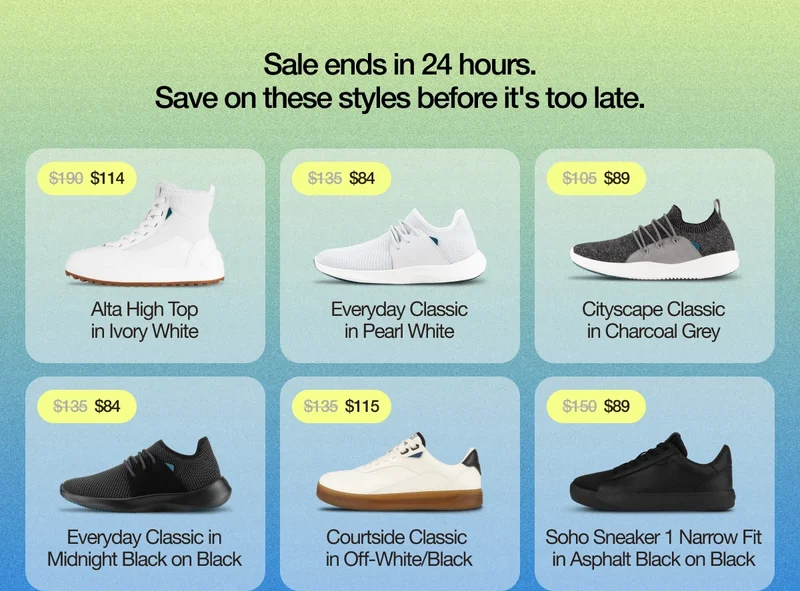 Sale ends in 24 hours. Save on these styles before its too late. Product grid of on-sale styles.