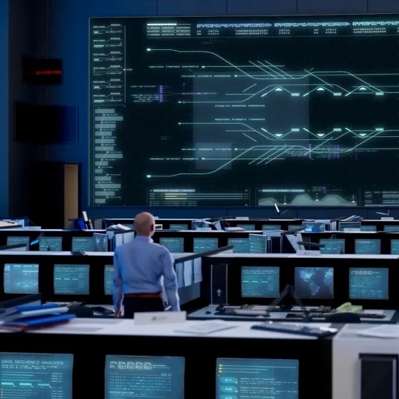 A person stands in a dimly lit control room facing a large screen displaying complex diagrams and data, surrounded by numerous workstations with monitors showing similar information.