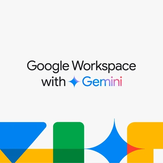 Text reading Google Workspace with Gemini above abstract shapes in blue, green, light blue, and yellow.