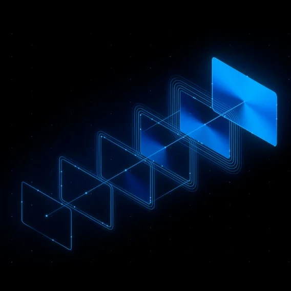 Abstract digital illustration of layered blue rectangles connected by lines on a dark background.