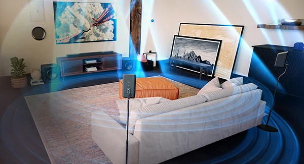 Dolby Atmos surround sound virtualized with circular blue lines encircling condo living room