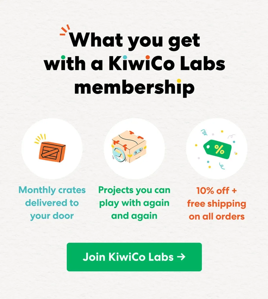 Animated banner highlighting KiwiCo Labs membership benefits: Monthly crates delivered to your door | Projects you can play with again and again | 10% off + free shipping on all orders
