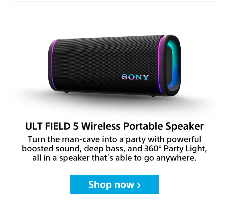 ULT FIELD 5 Wireless Portable Speaker. Turn the man-cave into a party with powerful boosted sound, deep bass, and 360 degree Party Light, all in a speaker that's able to go anywhere. Save $80