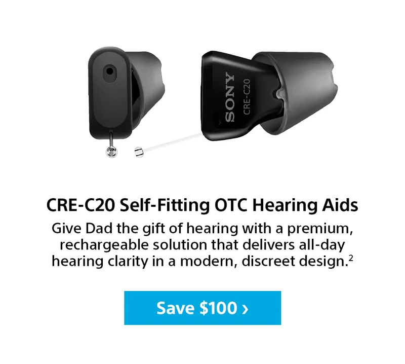 CRE-C20 Self-Fitting OTC Hearing Aids. Give Dad the gift of hearing withh a premium, rechargeable solution that delivers all-day hearing clarity in a modern, discreet design
